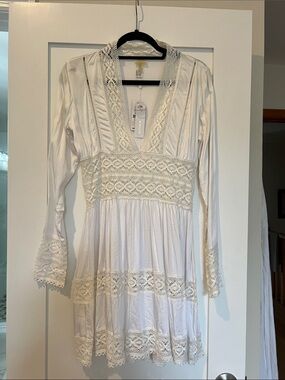 Pilyq Ivory Crochet-Trim V-Neck Mini Dress